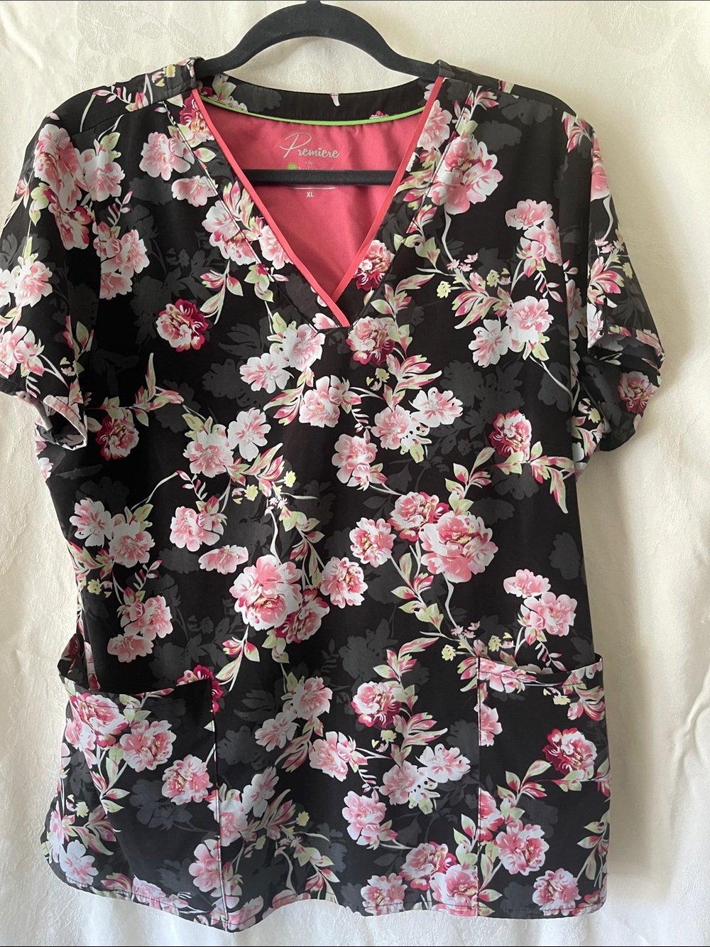 Premier Black V-Neck Scrubs with Pink Floral Print